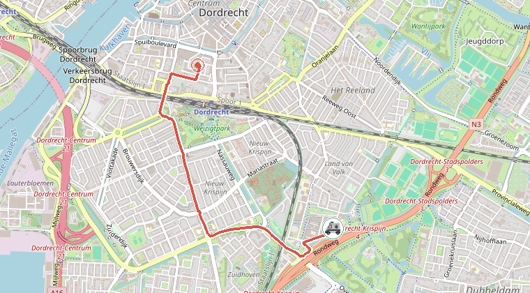 Kaart van de omgeving van de melding, met de kazerne die is gealarmeerd
