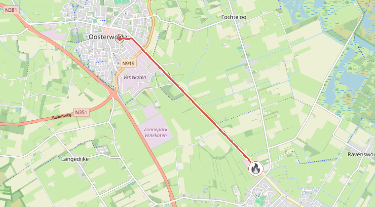 Kaart van de omgeving van de melding, met de kazerne die is gealarmeerd