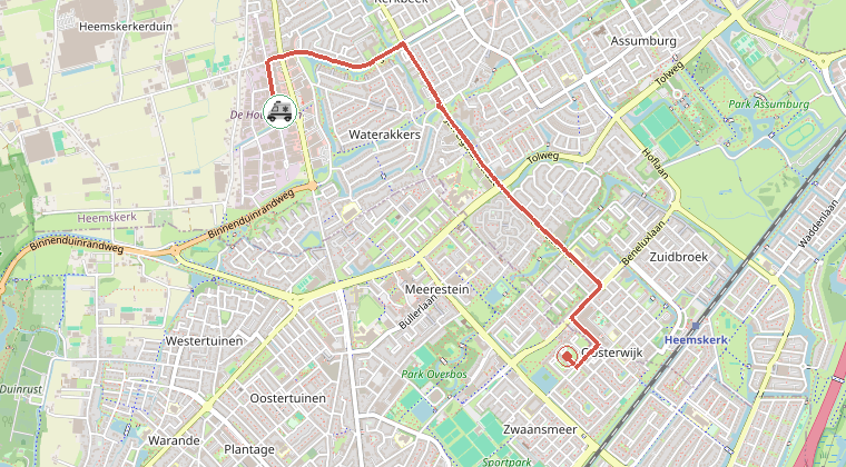 Kaart van de omgeving van de melding, met de kazerne die is gealarmeerd