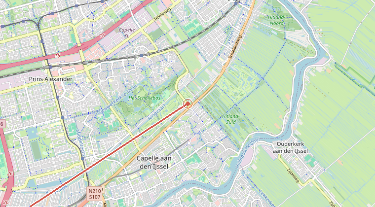 Kaart van de omgeving van de melding, met de kazerne die is gealarmeerd