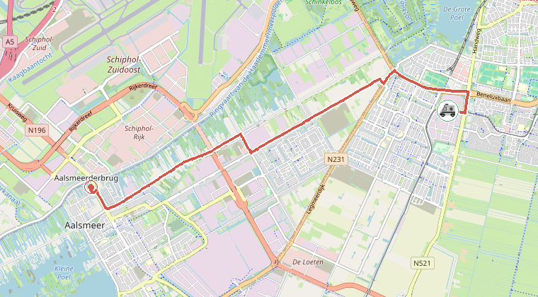 Kaart van de omgeving van de melding, met de kazerne die is gealarmeerd