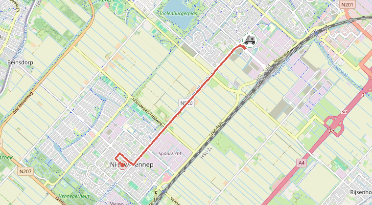 Kaart van de omgeving van de melding, met de kazerne die is gealarmeerd