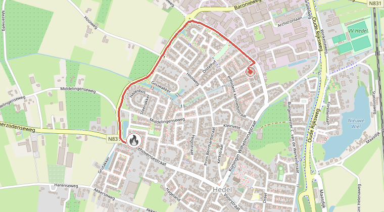 Kaart van de omgeving van de melding, met de kazerne die is gealarmeerd