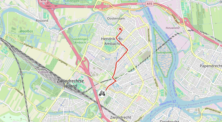 Kaart van de omgeving van de melding, met de kazerne die is gealarmeerd