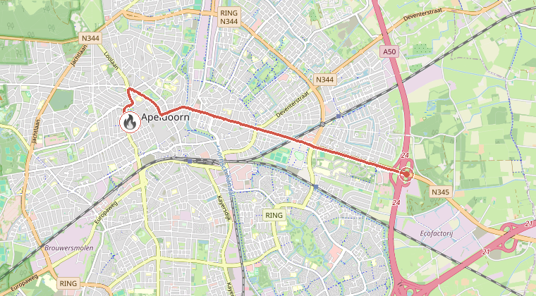 Kaart van de omgeving van de melding, met de kazerne die is gealarmeerd