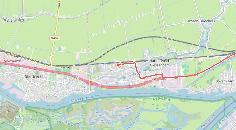 Kaart van de omgeving van de melding, met de kazerne die is gealarmeerd