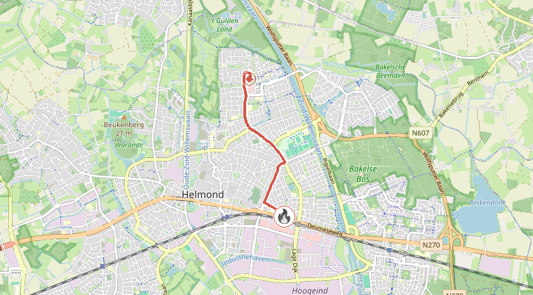 Kaart van de omgeving van de melding, met de kazerne die is gealarmeerd