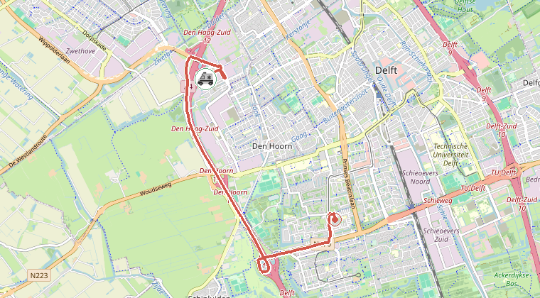 Kaart van de omgeving van de melding, met de kazerne die is gealarmeerd