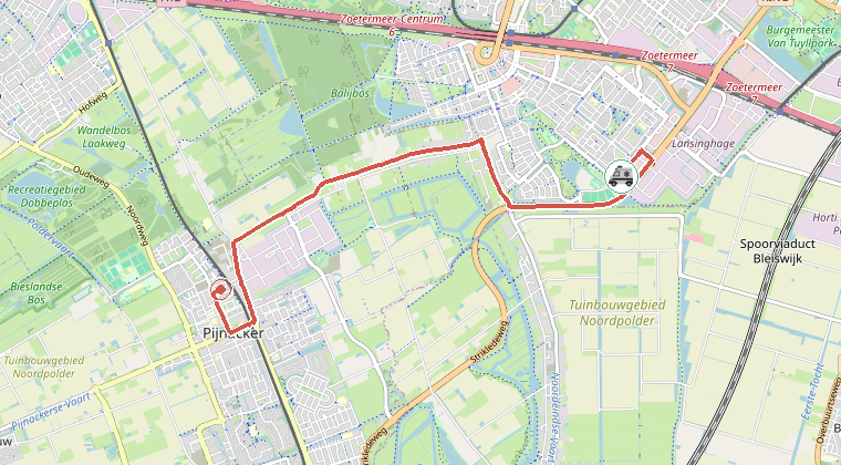 Kaart van de omgeving van de melding, met de kazerne die is gealarmeerd