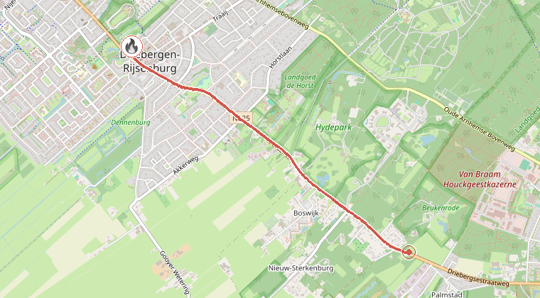 Kaart van de omgeving van de melding, met de kazerne die is gealarmeerd