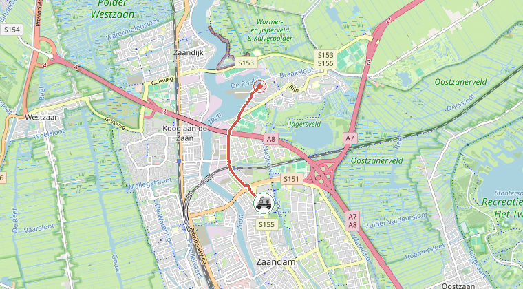 Kaart van de omgeving van de melding, met de kazerne die is gealarmeerd
