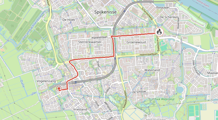 Kaart van de omgeving van de melding, met de kazerne die is gealarmeerd