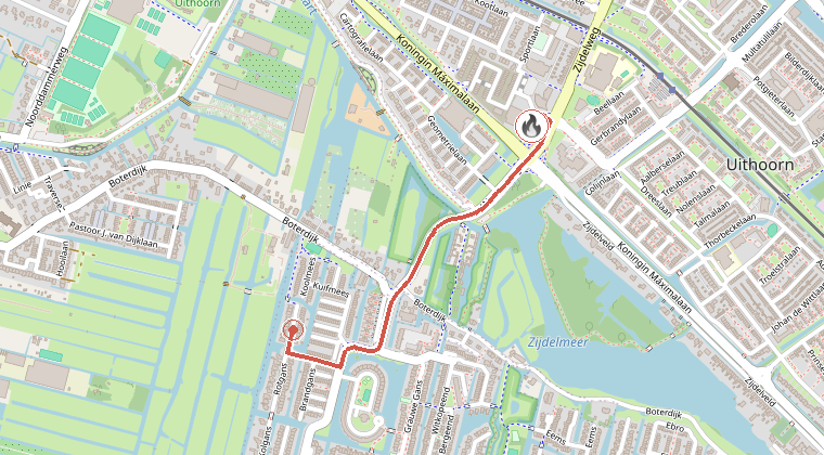 Kaart van de omgeving van de melding, met de kazerne die is gealarmeerd