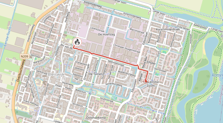 Kaart van de omgeving van de melding, met de kazerne die is gealarmeerd