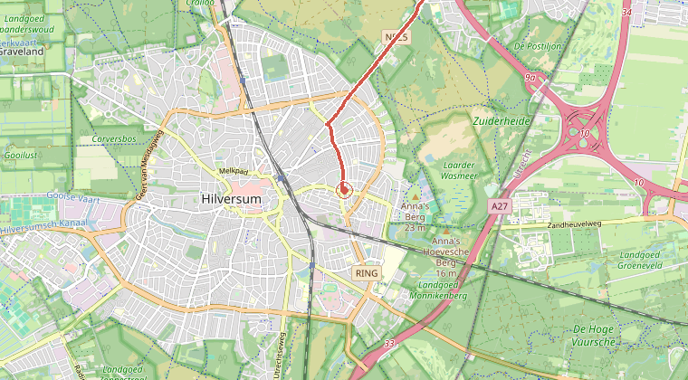 Kaart van de omgeving van de melding, met de kazerne die is gealarmeerd