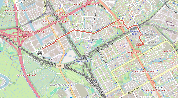Kaart van de omgeving van de melding, met de kazerne die is gealarmeerd