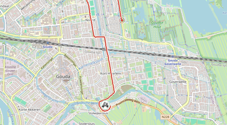 Kaart van de omgeving van de melding, met de kazerne die is gealarmeerd