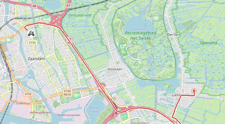 Kaart van de omgeving van de melding, met de kazerne die is gealarmeerd