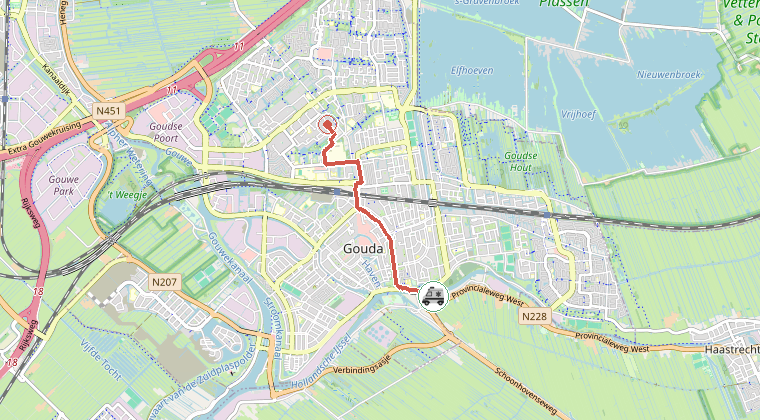 Kaart van de omgeving van de melding, met de kazerne die is gealarmeerd