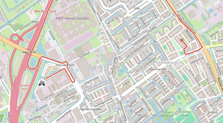 Kaart van de omgeving van de melding, met de kazerne die is gealarmeerd