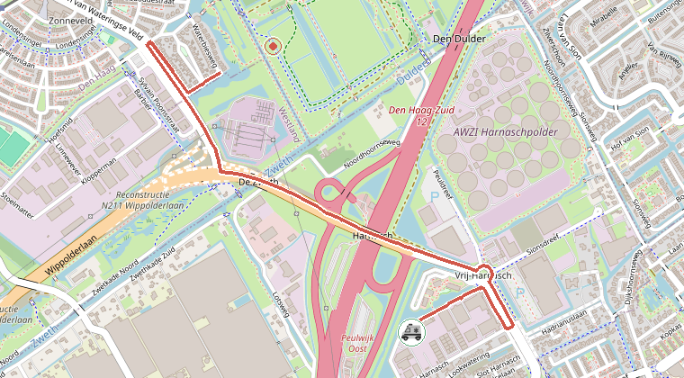 Kaart van de omgeving van de melding, met de kazerne die is gealarmeerd