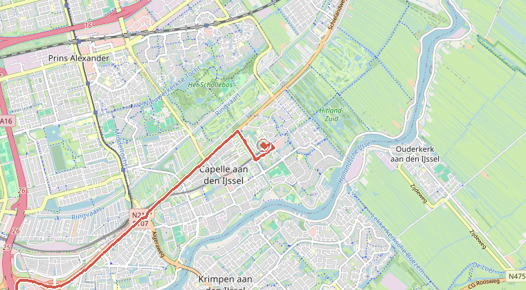 Kaart van de omgeving van de melding, met de kazerne die is gealarmeerd