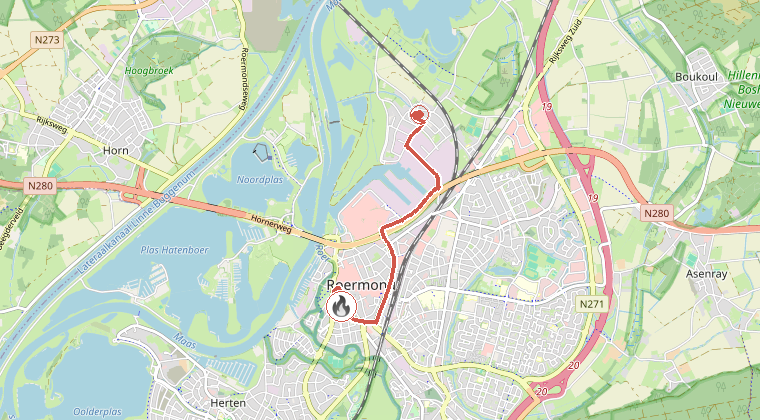 Kaart van de omgeving van de melding, met de kazerne die is gealarmeerd