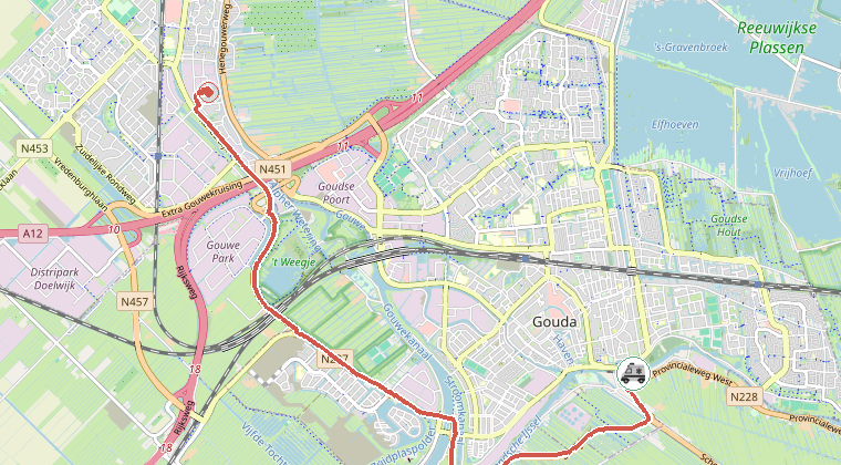 Kaart van de omgeving van de melding, met de kazerne die is gealarmeerd