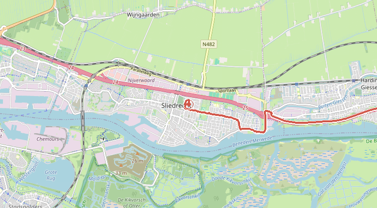 Kaart van de omgeving van de melding, met de kazerne die is gealarmeerd