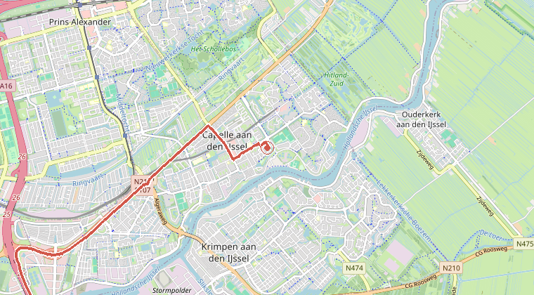 Kaart van de omgeving van de melding, met de kazerne die is gealarmeerd