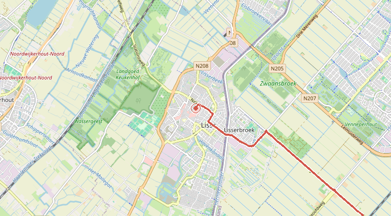 Kaart van de omgeving van de melding, met de kazerne die is gealarmeerd