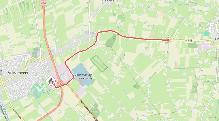 Kaart van de omgeving van de melding, met de kazerne die is gealarmeerd