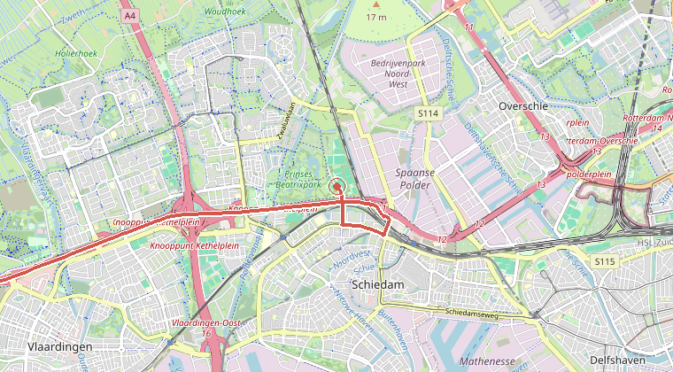 Kaart van de omgeving van de melding, met de kazerne die is gealarmeerd