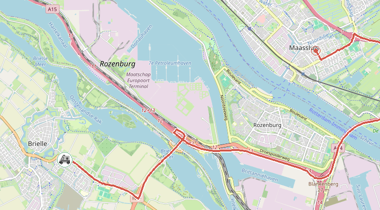 Kaart van de omgeving van de melding, met de kazerne die is gealarmeerd
