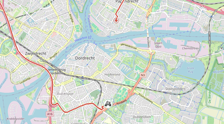 Kaart van de omgeving van de melding, met de kazerne die is gealarmeerd
