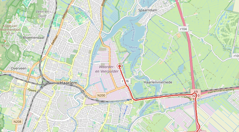 Kaart van de omgeving van de melding, met de kazerne die is gealarmeerd