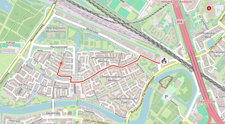 Kaart van de omgeving van de melding, met de kazerne die is gealarmeerd