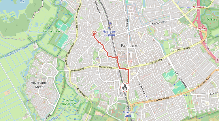 Kaart van de omgeving van de melding, met de kazerne die is gealarmeerd