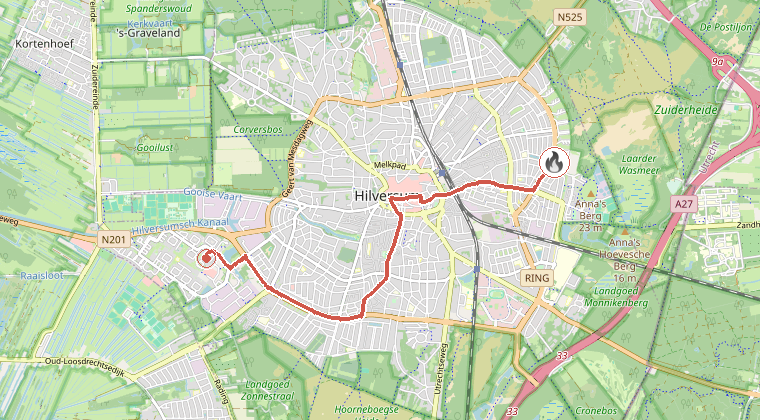 Kaart van de omgeving van de melding, met de kazerne die is gealarmeerd