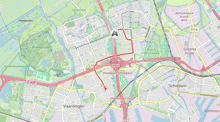 Kaart van de omgeving van de melding, met de kazerne die is gealarmeerd