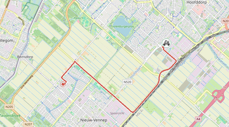 Kaart van de omgeving van de melding, met de kazerne die is gealarmeerd