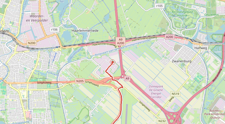 Kaart van de omgeving van de melding, met de kazerne die is gealarmeerd