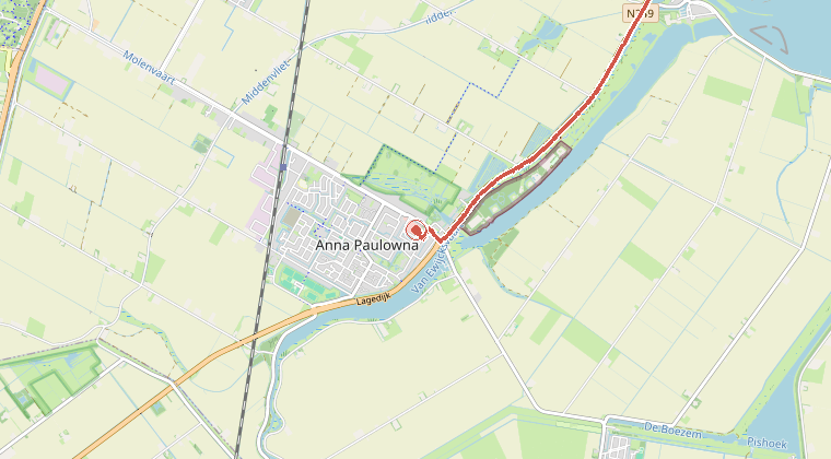 Kaart van de omgeving van de melding, met de kazerne die is gealarmeerd