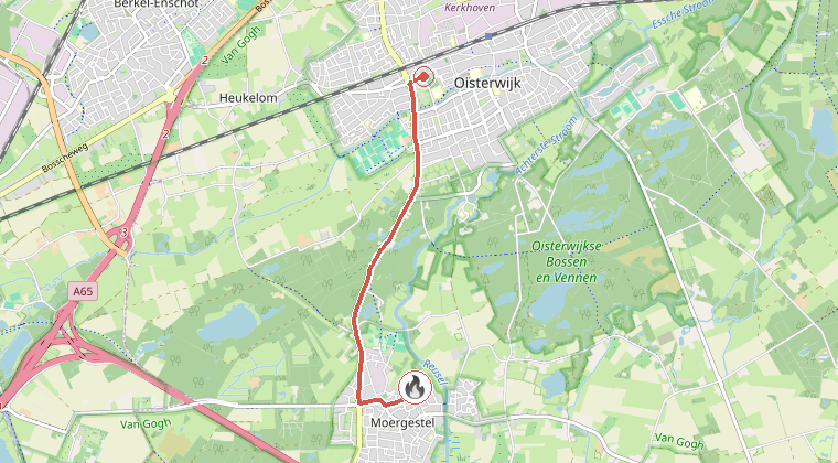 Kaart van de omgeving van de melding, met de kazerne die is gealarmeerd