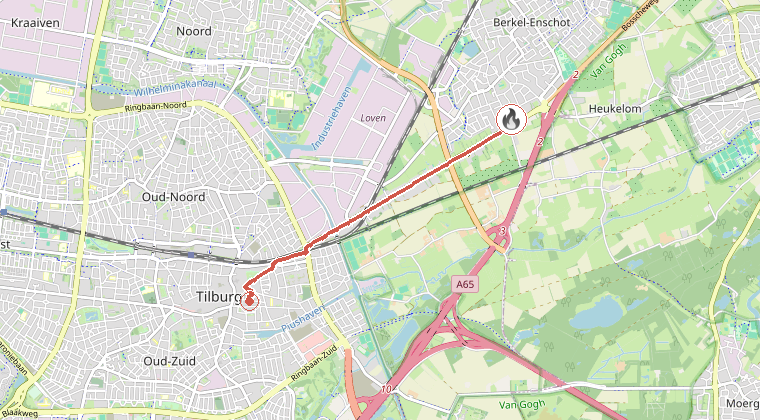 Kaart van de omgeving van de melding, met de kazerne die is gealarmeerd