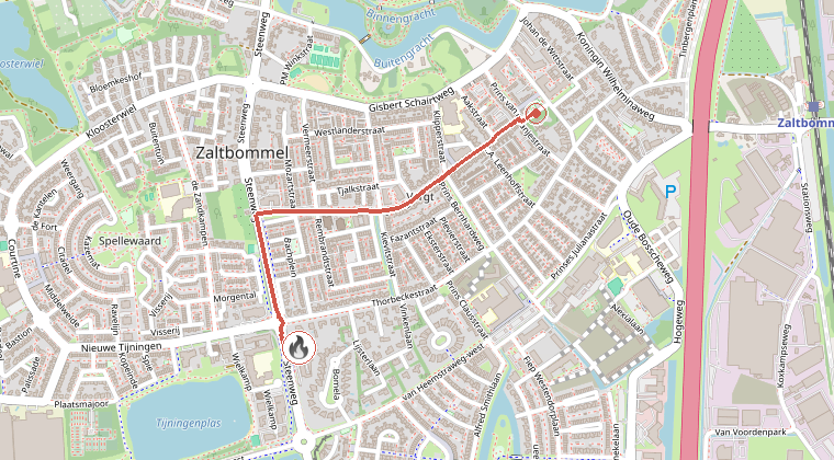 Kaart van de omgeving van de melding, met de kazerne die is gealarmeerd