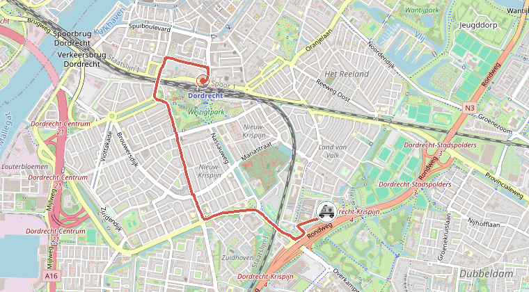 Kaart van de omgeving van de melding, met de kazerne die is gealarmeerd