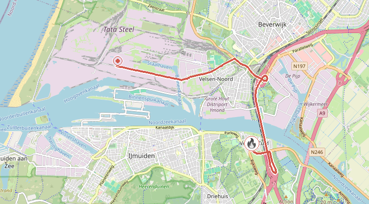 Kaart van de omgeving van de melding, met de kazerne die is gealarmeerd