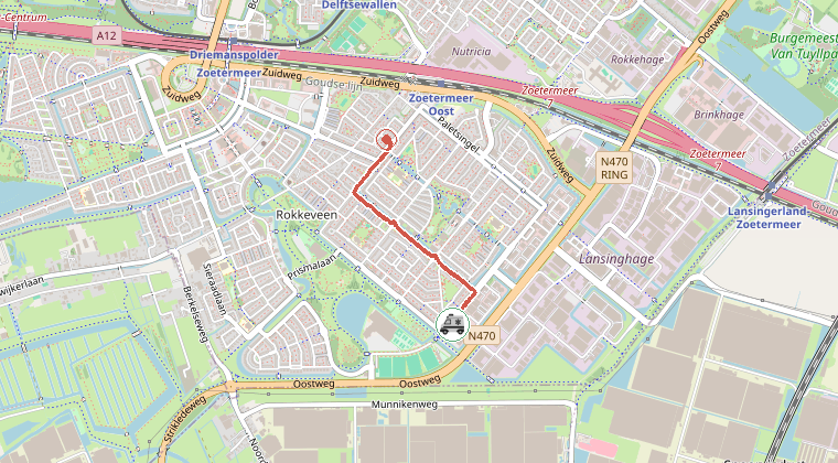 Kaart van de omgeving van de melding, met de kazerne die is gealarmeerd