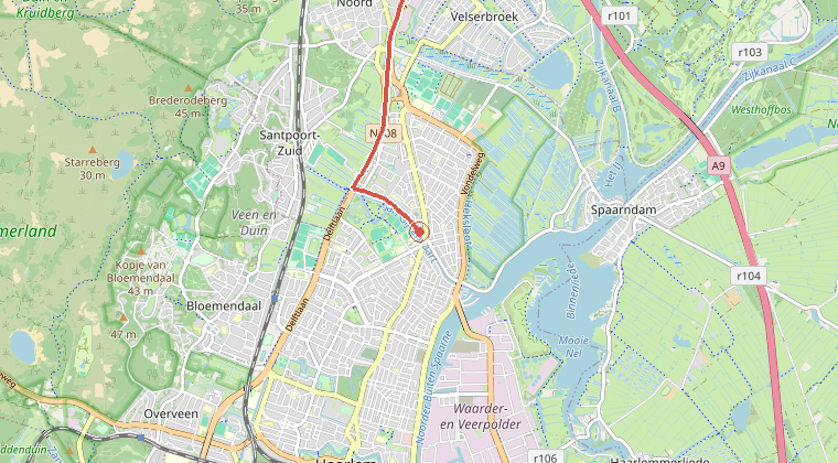 Kaart van de omgeving van de melding, met de kazerne die is gealarmeerd